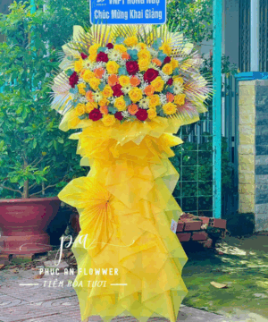 kệ hoa chúc mừng hoa hồng vàng hoa đồng tiền vàng sang trọng rực rỡ chúc mừng khai giảng thành công – Hoa Tươi Phúc An