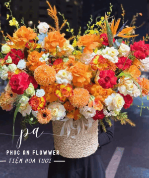 giỏ hoa chúc mừng tông cam đỏ rực rỡ, giỏ hoa khai trương sang trọng, giỏ hoa chúc mừng thành công, giỏ hoa đồng tiền hoa hồng cam đẹp, giỏ hoa tươi phong cách hiện đại, giỏ hoa chúc mừng nổi bật, giỏ hoa tươi cao cấp nhiều màu sắc
