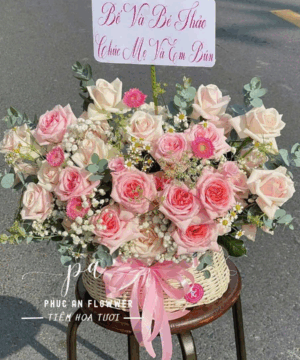 giỏ hoa sinh nhật màu hồng đẹp, giỏ hoa hồng phấn lãng mạn, giỏ hoa tươi pastel sang trọng, giỏ hoa chúc mừng tinh tế, giỏ hoa hồng kem nhẹ nhàng, giỏ hoa tông hồng dịu dàng, giỏ hoa tươi cao cấp, giỏ hoa đẹp sang trọng