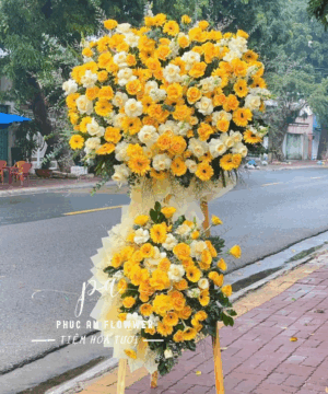 kệ hoa chúc mừng 2 tầng tông vàng cao cấp - Hoa Tươi Phúc An