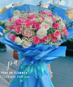Bó hoa hồng phấn đẹp, hoa sinh nhật tông pastel, hoa tặng bạn gái ngọt ngào, hoa kỷ niệm lãng mạn, hoa hồng mix baby trắng, hoa tông hồng xanh sang trọng