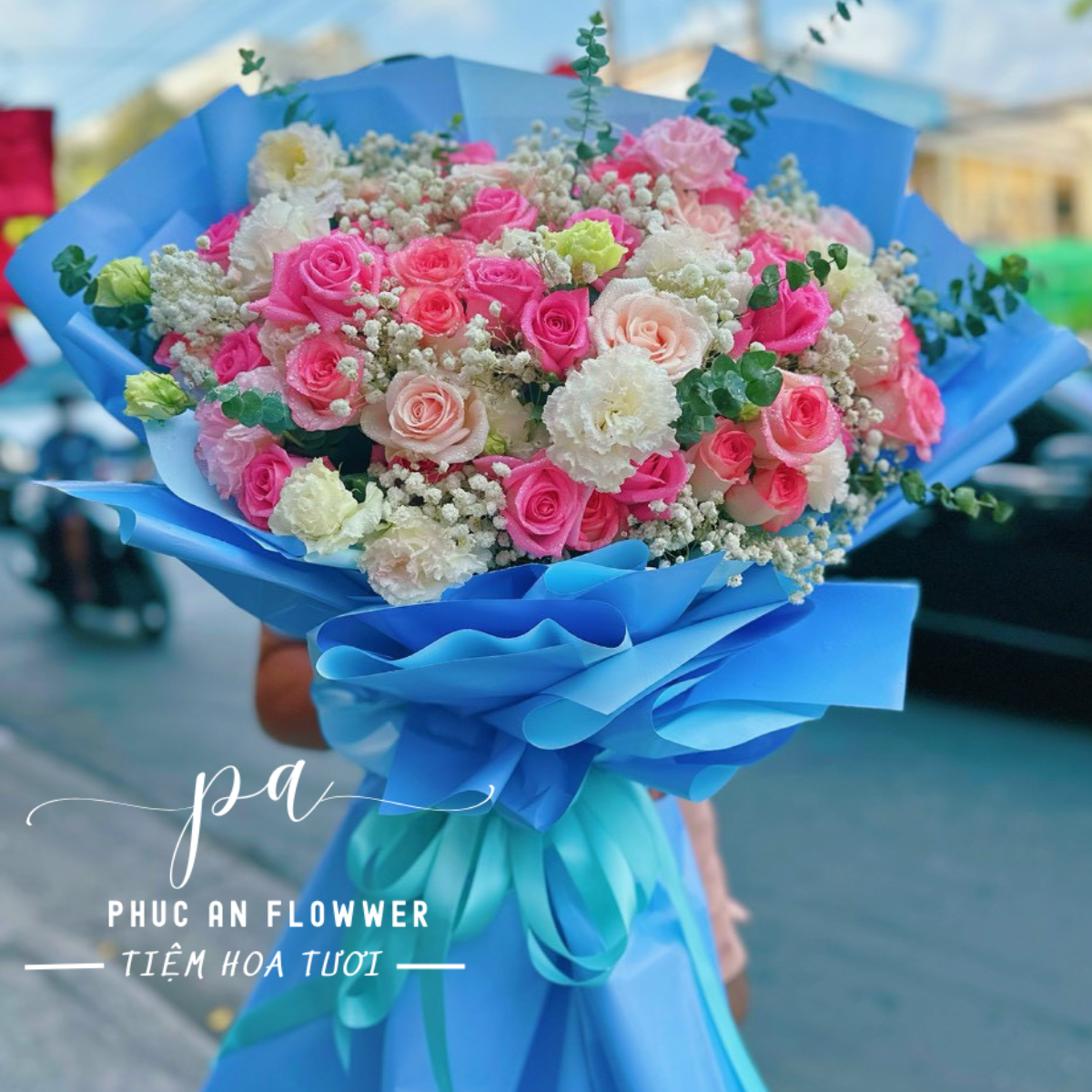 Bó hoa hồng phấn đẹp, hoa sinh nhật tông pastel, hoa tặng bạn gái ngọt ngào, hoa kỷ niệm lãng mạn, hoa hồng mix baby trắng, hoa tông hồng xanh sang trọng