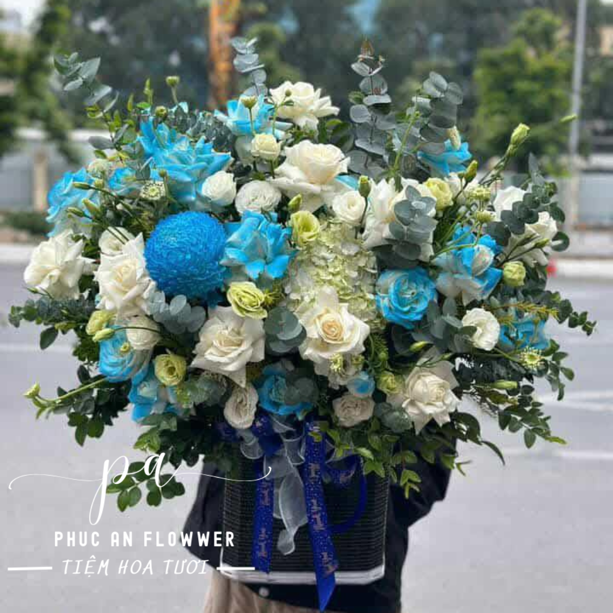 giỏ hoa tông xanh trắng sang trọng, giỏ hoa hồng xanh khai trương, giỏ hoa chúc mừng hiện đại cao cấp, giỏ hoa hồng xanh và hồng kem đẹp, giỏ hoa tươi phong cách thanh lịch, giỏ hoa chúc mừng thành công, giỏ hoa chúc mừng khai trương tông xanh cao cấp