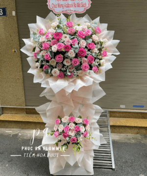 kệ hoa chúc mừng khai trương hoa hồng hồng kem sang trọng thanh lịch chúc mừng thành công phát triển – Hoa Tươi Phúc An