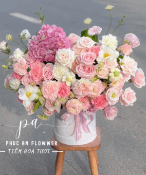 Giỏ hoa sinh nhật hồng phấn cẩm tú cầu ngọt ngào sang trọng - Hoa Tươi Phúc An