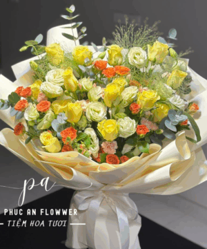 bó hoa hồng vàng đẹp, hoa hồng vàng tặng sinh nhật, bó hoa hồng vàng sang trọng, hoa chúc mừng rực rỡ, bó hoa hồng vàng kết hợp hoa cam, hoa tươi tặng bạn bè đồng nghiệp, bó hoa chúc mừng ý nghĩa