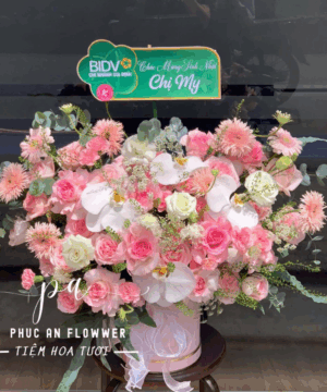 giỏ hoa hồng pastel lan hồ điệp trắng sang trọng tặng sinh nhật phụ nữ tinh tế lãng mạn - Hoa Tươi Phúc An