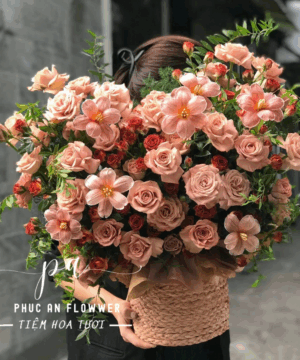 giỏ hoa hồng nude nghệ thuật phong cách tự nhiên sang trọng tặng sinh nhật chúc mừng tinh tế - Hoa Tươi Phúc An