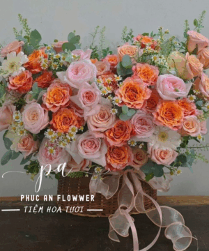 giỏ hoa hồng cam hồng pastel phong cách tự nhiên sang trọng tặng sinh nhật chúc mừng rực rỡ - Hoa Tươi Phúc An