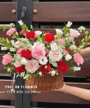 giỏ hoa hồng pastel cẩm chướng đỏ phong cách tự nhiên sang trọng tặng sinh nhật chúc mừng nổi bật - Hoa Tươi Phúc An