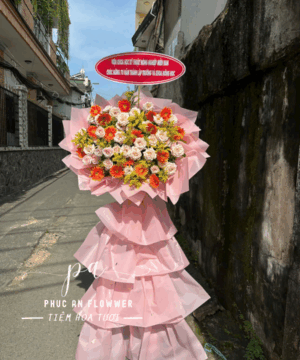 kệ hoa khai trương hoa đồng tiền cam hoa hồng kem sang trọng chúc mừng khai trương phát đạt may mắn – Hoa Tươi Phúc An