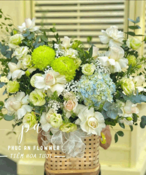 giỏ hoa tươi sang trọng, giỏ hoa hồng kem đẹp, giỏ hoa cẩm tú cầu xanh, hoa tươi tông xanh trắng, giỏ hoa chúc mừng tinh tế, hoa tặng sinh nhật thanh lịch, giỏ hoa tươi cao cấp, hoa trang trí không gian sang trọng