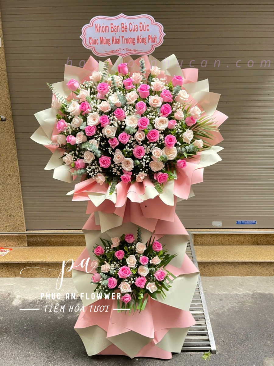 kệ hoa khai trương hồng kem sang trọng
